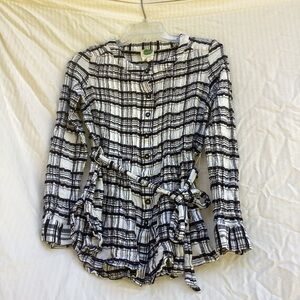 Anthropologie Black & White Plaid Button-Front Belted Top, size 10